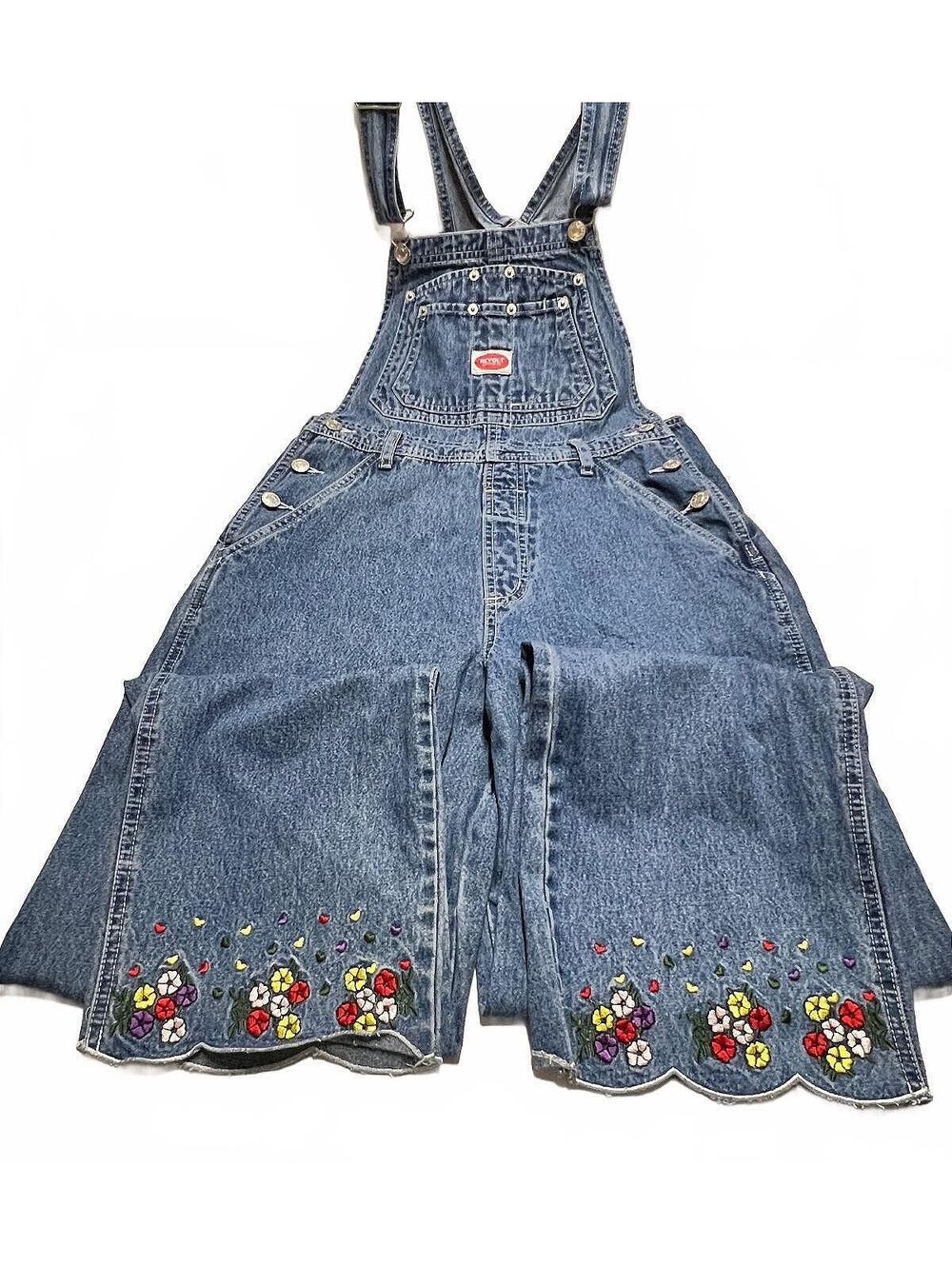 Vintage 90s Revolt Floral Embroidered Denim Overalls Scalloped Hem Womens S